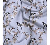 Soimoi Blue Silk Fabric Floral & Paradise Whydah Bird Printed Craft Fabric by the Metre 44 Inch Wide