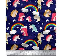 Soimoi Blue Velvet Fabric Rainbow & Unicorn Face Printed Craft Fabric by the metre 58 Inch Wide