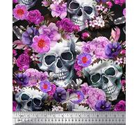 Soimoi Cotton Canvas Fabric Skull,Rose & Anemone Flower Printed Fabric 1 metre 42 Inch Wide