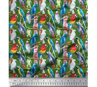 Soimoi Green Cotton Jersey Fabric Branch & Colorful Parrot Bird Printed Craft Fabric by the metre 58 Inch Wide