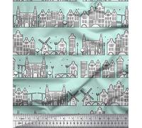Soimoi Green Japan Crepe Satin Fabric Windmill & Amsterdam Architectural Fabric Prints By metre 42 Inch Wide