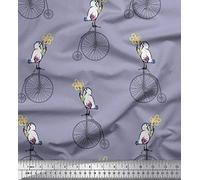 Soimoi Grey Cotton Poplin Fabric Bird & Bicycle Vintage Print Sewing Fabric metre 42 Inch Wide