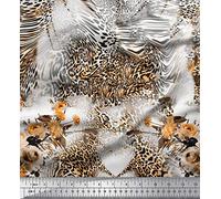 Soimoi Orange Silk Fabric Rose,Floral & Leopard Animal Skin Printed Craft Fabric by The Yard 42 Inch Wide
