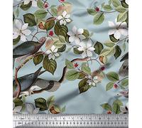 Soimoi Pure Silk Fabric 20 GSM Bird And Floral Print 44 Inches Wide Material By The Meter - Baby Blue
