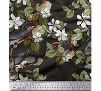 Soimoi Pure Silk Fabric 20 GSM Bird And Floral Print 44 Inches Wide Material By The Meter - Black