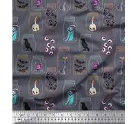 Soimoi Silk Fabric Ghost,Skull & Witch Halloween Print Fabric by The metre 42 Inch Wide