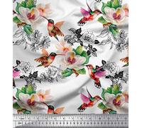 Soimoi White Silk Fabric Hummingbird,Leaves & Magnolia Floral Print Fabric by the metre 42 Inch Wide