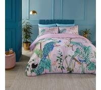 Soiree - Jungle Peacock Duvet Cover - Double Bedding Size (200 x 200cm) - Piped Edge - Cotton Sateen Duvet Sets with Tropical Animals - 2x Pillowcases - Luxury Bedding - Pink Bedding with Birds