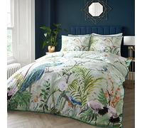 SOIREE Jungle Peacock Duvet Cover Set - Double Size 200 x 200cm - Cotton Sateen - Tropical Birds & Animals - Piped Edge - Reversible - 2 Pillowcases - Luxury Green Bedding