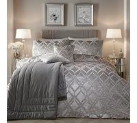 SOIREE Luxury Silver Ogee Velvet Duvet Cover Set - Double Size (200 x 200cm) - Jacquard Design - Soft & Cosy Glamorous Bedding - Includes 2 Pillowcases - Elegant Silver Quilt Cover for Bedroom