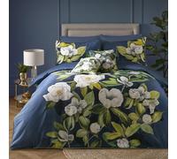 SOIREE - Navy White Floral Duvet Cover - Double Bedding Size (200 x 200cm) - Reversible (2 Designs) - Soft 100% Sateen Cotton - 2x Pillowcases - Luxury Bedding with White Flowers - Navy Bedding