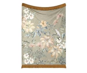 SOIREE - Sage Green Floral Throw Blanket (130 x 180cm) - Botanical Velvet Throw Blanket in Sage Green - Tassel Throw Blanket for Living Room/Bedroom - Luxury Bedding Matching Bedding Available