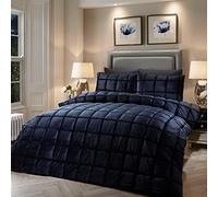 Soiree Square Velvet Duvet Cover Set Double 200 x 200cm - Navy Blue Box-Stitched Velvet Bedding, Soft Touch Polyester, Includes 2 Pillowcases