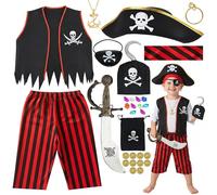 Soireeparty 10pcs Pirate Costume Set Kids - Captain Dress Up Kit with Headband, Hat, Pirate Knife, Eye Patch, Hook, Gold Coins, Diamonds, Ear Clips, Necklace, Money Bag (9-10 Years)