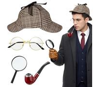 Soireeparty 4Pcs Detective Costume Accessories Set - Victorian Deerstalker Hat with Magnifying Glass and Fake Pipe, Sherlock Style Fancy Dress Kit for World Book Day Party Boys Girls Adults
