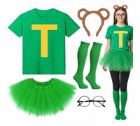 Soireeparty 5Pcs Chipmunks Costume Fancy Dress - Green Letter T Shirt Tutu Skirt Knee High Socks Round Glasses and Animal Ear Headband, Animal Cosplay for Adults Teens World Book Day Dress Up(M)