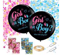 Soireeparty Gender Reveal Confetti Balloon - 2 Pieces 36 Inch Black Latex Balloon with Pink Blue Confetti, Ribbons Pins for Girl Boy Ideas Baby Shower Party