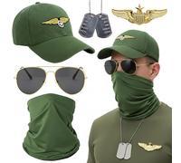 Soireeparty Pilot Costume Aviator Accessories Set - Military Style Hat Sunglasses Dog Tags Necklace Badge and Neck Gaiter, Fancy Dress Outfit for Men Adults VE Day Cosplay Party