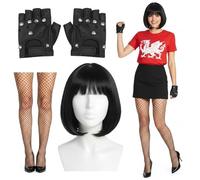 Soireeparty Welsh TV Character Costume Set - Short Fringe Wig with Fishnet Tights and Black Gloves, Black Bob Wigs Fancy Dress Outfit for Women Adults Cosplay Party