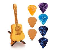 Soitis Wooden Guitar Pick Holder with 2Pcs Wood Pick 5Pcs Celluloid Pick Acoustic Guitar Shape Pick Box Gift for Guitar Player Guitarist Musician