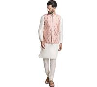 SOJANYA Men's Silk Blend Solid Regular Kurta Pyjama with Nehru Jacket, Cream and Pink, M