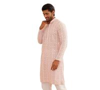 Sojanya (Since 1958 Men'S Ethnic Motifs Embroidered Regular Thread Work Cotton Long Kurta, Pink, White & Gold, Large