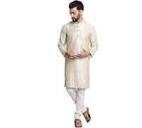 SOJANYA (Since 1958, Men's Silk Blend Pintex Kurta and Churidar Pyjama Set, cream-coloured, M