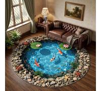 SOJAWA 3D Koi Pond Round Rug 100cm, Optical Illusion Circular Carpet, Non-Slip Washable Low-Pile Floor Mat, Creative Water Lily & Fish Design for Living Room Bedroom Nursery