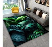 SOJAWA 3D Rainforest Leaf Area Rug,150x230cm Black Background Washable Carpet with Multi-Layer Green Foliage Print, Non-Slip Floor Mat for Living Room Bedroom, Immersive Nature Style Home Decor