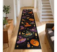 SOJAWA 60x180cm Washable Halloween Witch Hat Pumpkin Runner Rug for Office | Festive witch hat, broom, and pumpkin. Soft short pile, anti-slip, washable, easy care for office, kitchen, entryway.