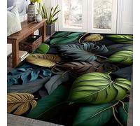 SOJAWA Black 3D Tropical Leaf Area Rug,120x150cm Overlapping Foliage Print Washable Carpet, Non-Slip Durable Floor Mat for Living Room Bedroom, Modern Luxury & Dark Aesthetic Home Decor