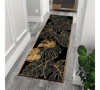SOJAWA Black-Gold Leaves Hallway Runner Rug 60x180cm, Monstera Leaf Botanical Print, Non-Slip Washable Soft Low Pile Floor Mat for Corridor Bedroom Entryway Dining Room Office Home Decor