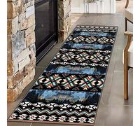 SOJAWA Bohemian Style Hallway Rug, 60x300cm, Black Base With Blue Textured Geometric Pattern, Aztec Ethnic Style Rugs, Non-Slip Washable Soft Durable Rug, Vintage Home Decor