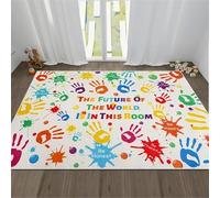SOJAWA Colorful Area Rug, 80x150cm The Future of The World is in This Room Letter Print Rug, Blue Yellow Red Handprint Pattern Floor Mat, for Bedroom Office Dormitory Apartment Carpet