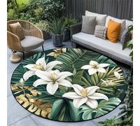 SOJAWA Floral Botanical Round Rug 100cm, Elegant White Lilies and Tropical Leaves Pattern, Ultra Soft Non-Slip Washable Area Rug for Bedroom, Living Room, Sunroom and Guest Room