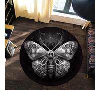 SOJAWA Gothic Mystical Round Rug 140cm, Black White Death Moth Design, Washable Soft Non-Slip Low Pile Carpet for Bedroom Living Room Study Hallway Home Office