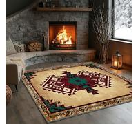 SOJAWA Retro Tribal Style Rug, 90x120cm, Dark Red and Green Geometric Pattern Doormat, Southwestern American Indigenous Style Rug, Washable Non-Slip Soft Small Rugs, Retro Home Decor