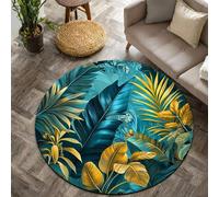 SOJAWA Teal Gold Tropical Round Rug 90cm, Botanical Palm Leaf Circular Carpet, Soft Non-Slip Washable Area Rug for Lounge, Bedroom, Hallway, Dining Room and Study