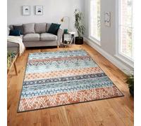 SOJAWA Vintage Ethnic Geometric Stripe Rug - 60x90cm Grey Blue & Orange Mixed Pattern Carpet, Non-Slip Low Pile Washable Mat, Retro Boho Decor for Living Room Entryway Wabi-Sabi & Country Home
