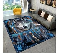SOJAWA Wolf Totem Rug 180x230cm Blue-Grey Ethnic Tribal Style Non-Slip and Washable Rug, Native American Feather Totem Decoration Rugs, Suitable for Living Room, Bedroom, Entrance, And Dining Room