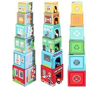 SOKA 12pcs Stacking and Sorting Cubes Wooden Balancing Buildings & Vehicles Fire Engine Police Car Ambulance Educational Blocks Toy Set Gift for Kids Children Boy Girl Ages 12 month old +