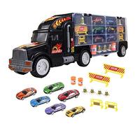 Soka® Car Transporter Carrier Truck Toy - Play Vehicle Set of 1 Big Truck Carrier, 6 Colourful Metal Cars, 5 Cones, 2 Barrels and 4 Stop Signs