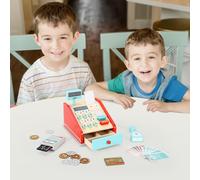 SOKA Cash Register Red and Mint Wooden Classic Cashier Role Play Supermarket Shopping Checkout Money Till Toy Educational Learning Pretend Playset for Kids Children Girls Boys 3 year old +