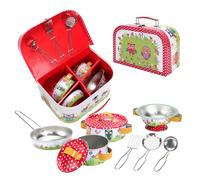 SOKA Animal Metal Kids Kitchen Set with Carry Case - 10 Pcs Illustrated Colourful Design Pretend Role Play Toy Pots and Pans Set Toy Kitchen Accessories for Children Boys Girls