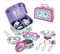 SOKA Llama Metal Kids Kitchen Set with Carry Case - 10 Pcs Illustrated Colourful Design Pretend Role Play Toy Pots and Pans Set Toy Kitchen Accessories for Children Boys Girls