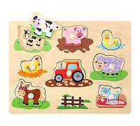 SOKA Wooden Farm Animals Peg Puzzles Toy Educational Montessori Developmental Jigsaw Puzzle Board Colourful Images for Learning Animals for Toddlers Kids Children 12 Months +