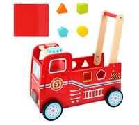 SOKA Wooden Fire Engine Rider and Push Along Toy with Shape Blocks Baby Toddler First Step Activity Walker Push & Pull Walking Wagon Gift for Kids Children Boys Ages 1 year old +