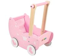 SOKA Wooden Push Along Pink Princess Doll Pram for Boys and Girls Pretend Play with Non-Slip Rimmed Wheels