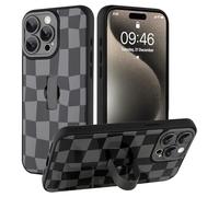 SOKAD for iPhone 15 Pro Case with Finger Strap Kickstand, Cute Checkered Checkerboard Phone Case with Finger Hand Loop for Women Men, Slim Full Camera Protection Shockproof Case Cover, Black