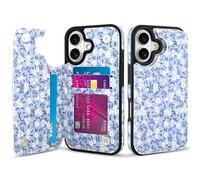 SOKAD for iPhone 16 Leather Wallet Case with Card Holder for Women Men, Cute Floral Flowers Pattern, Double Magnetic Clasp Flip Phone Cover with 3 Card Slots, Blue Flower